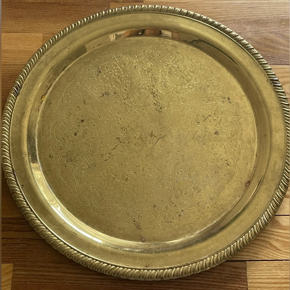 Vintage Brass Serving Platter - Etched Design